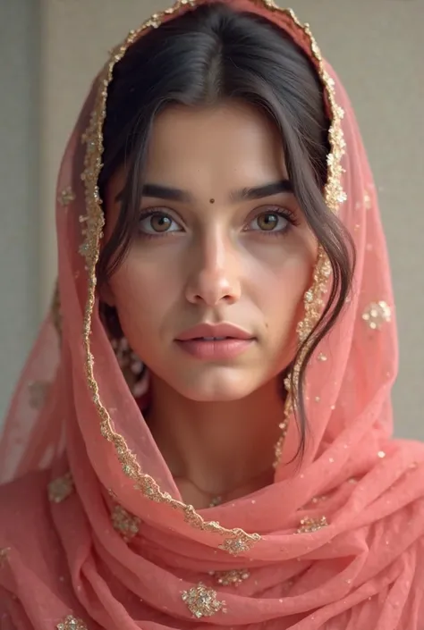 A beautiful girl wearing a Pakistani dress in pink colour and covering her head with dupatta embroidery in golden colour 