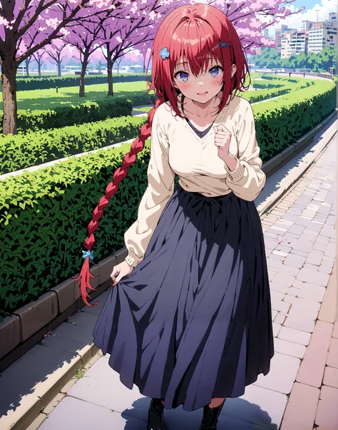 Kurosaki's thing , Alone,stupid hair, Blue Eyes, knitting glasses, hair intake, sngle braid,HAIR ACCESSORY, red hair, hair knitting glasses, smile,blush,open your mouth,Medium breast, oversized v neck sweater long sleeve,long skirt,short boots, bench,Beaut...