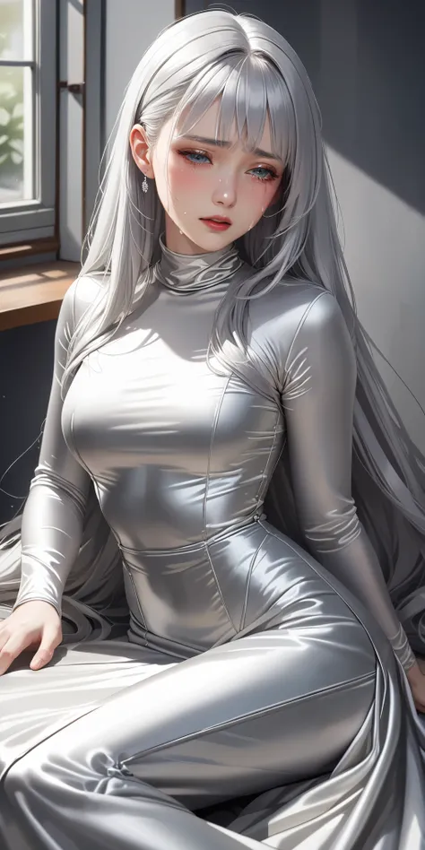 Portraiture、(masterpiece,Highest quality,Ultra-high resolution),Japanese women with silver hair, (((Very beautiful 25 year old girl)))、(She is wearing a shiny light silver satin long sleeve outfit..)、The dress has a simple design without any patterns...、((...