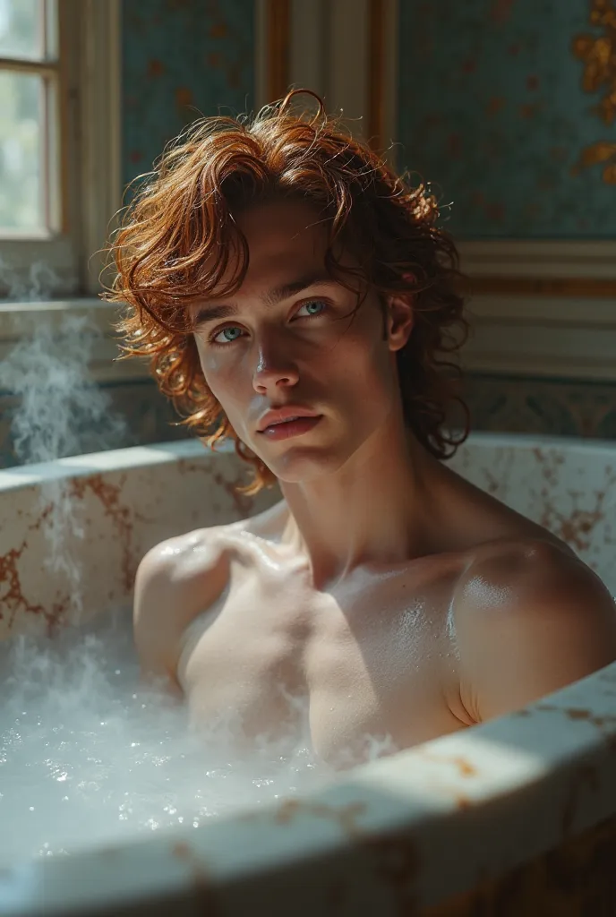 a seductive and shy prince charming, naked in a bath. He has tiny blue eyes and very long curly auburn hair