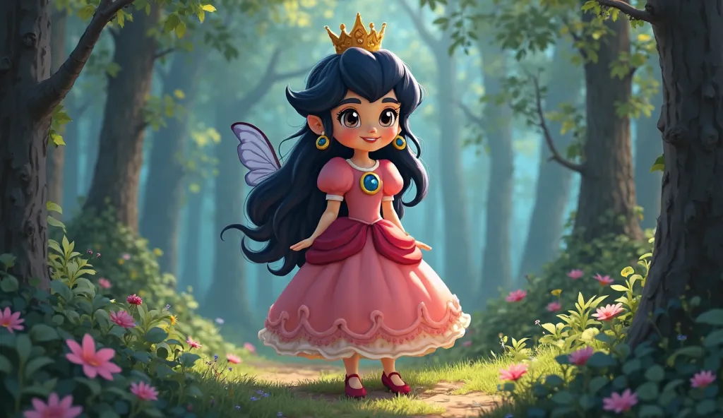 Super cute Princess Peach in dreamworks art style, kingdom a little princess named Luna. She had dark hair like night and a bright smile. SHE'S GOING WITH A HUNTER IN AN ENCHANTED FOREST FULL BODY IMAGE