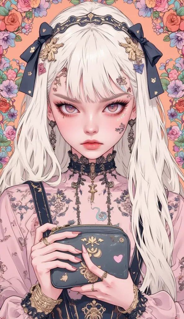  gothic lolita woman holding makeup pouch。 anime girl with long white hair,   decorative style illustration   ,   soft animated illustration  ,  makeup-themed girl , リップや鏡を持つ anime girl with long white hair , cute aesthetics ,  pastel gothic aesthetics  , ...