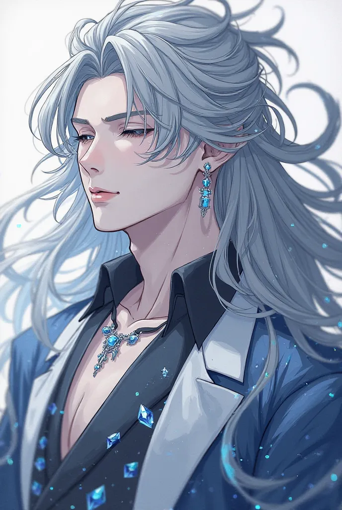 Moonstone gemstone guy, Anime, Fantasy clothes, best quality, male, handsome, grey hair, grey eyes, gemstone shards on body, Very Long Hair, grey skin, Shiny Hair, Floating Hair, Antenna Hair, Crystal Earrings, Closed Eyes, Closed Mouth, Makeup, White Eyes...