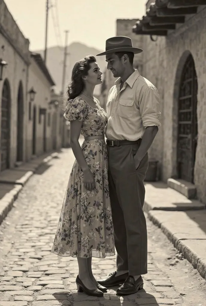 a photo from the 1940s of a young couple in Mexico wearing period clothes that look like an old photo
In black and white