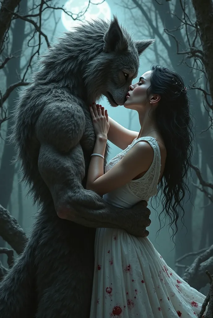 Can you please make an image of a female vampire and a male werewolf in the dark forest both wearing white with red stains hugging 