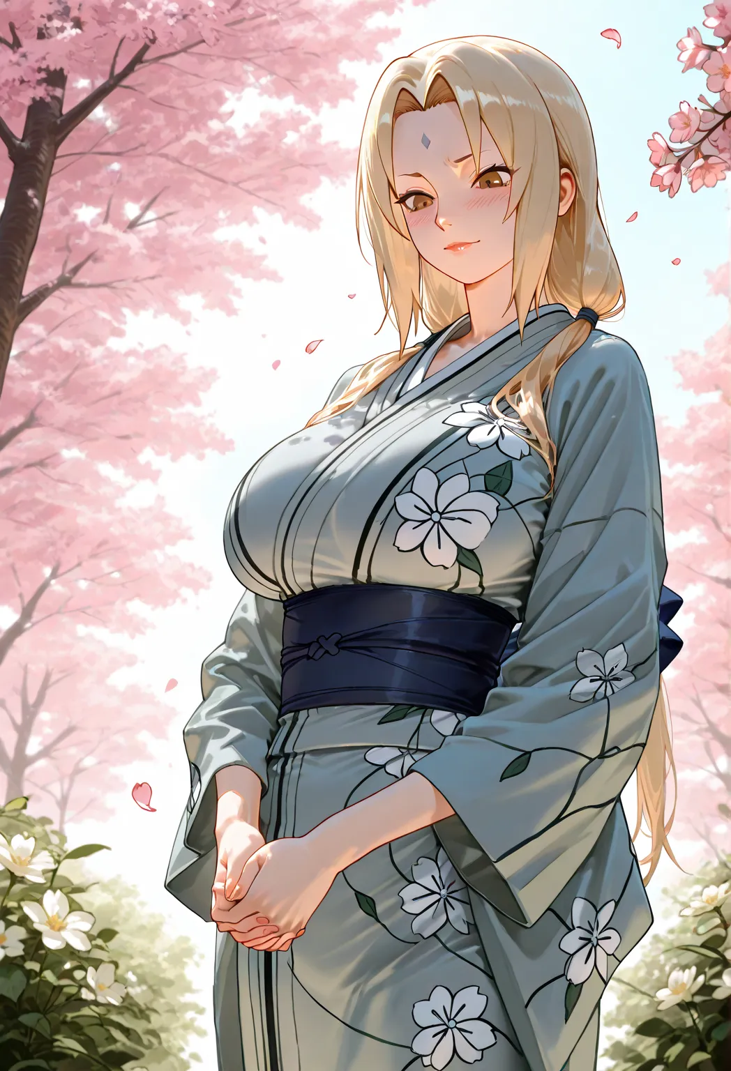 Tsunade from naruto, cute outfit, shy face, standing infront of you pov