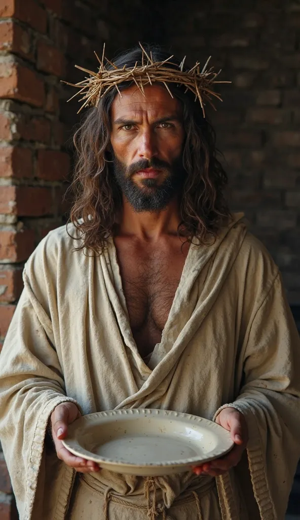 I want an image of Jesus sitting with an empty plate in his hand  , with a crown of thorns on his head and wearing old clothes. in a humble brick-walled environment and looking closely at the camera