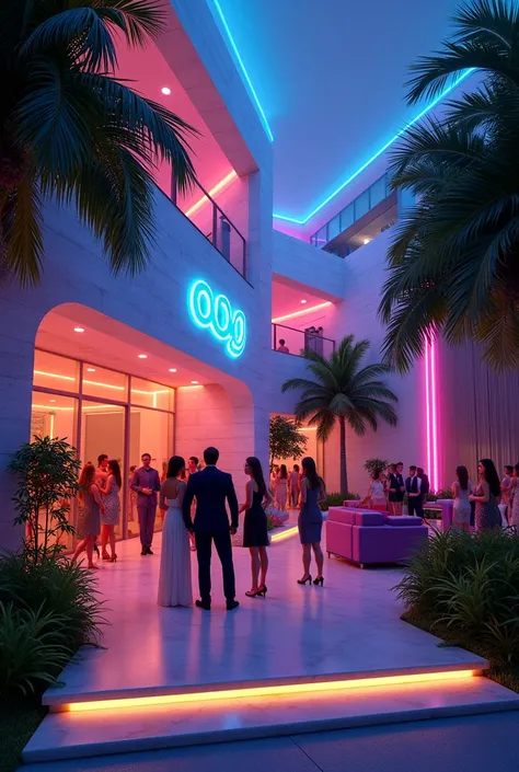 Party room based on this façade, in a tropical area with neon lights and modern and elegant style 