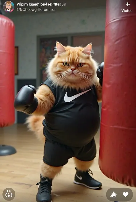 The image shows a TikTok video in which a fluffy and plump orange cat appears wearing a black Nike sportswear, with boxing gloves and sneakers, in an environment that resembles a wrestling academy. The cat has a determined expression and seems to be traini...