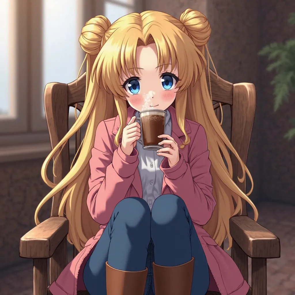 beautiful blue-eyed blonde woman, red lips split fringe in half falls on her forehead, delicate and serene face, long blond hair tied in two high pigtails in the shape of bunguitos, ( sailor moon hairstyle)dressed in blue pants and pink jacket, long brown ...