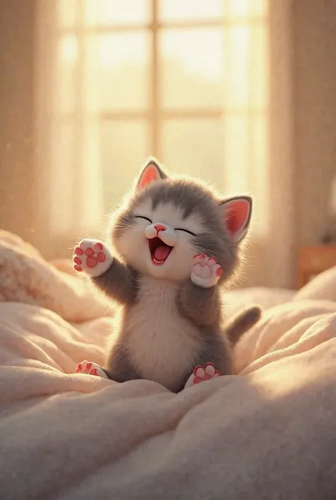 A fluffy kitten waking up in a sunlit bedroom, stretching its tiny paws with a soft yawn. Golden morning light streams through a window.