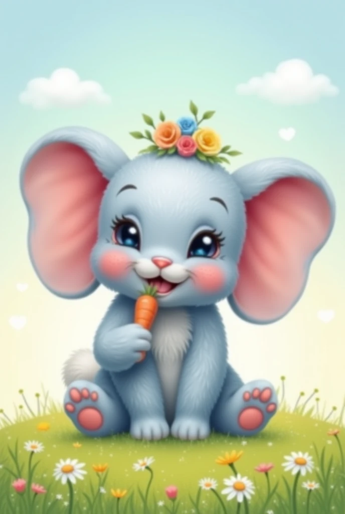  Happy Baby Bunny

"A fluffy baby bunny with oversized ears and big sparkly blue eyes sitting in a field of colorful flowers. The bunny has soft pastel pink fur with a white fluffy tail. It wears a tiny floral crown made of daisies and roses. The bunny is ...