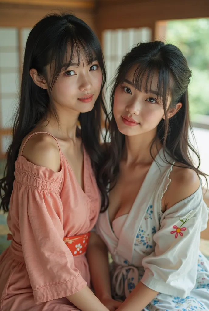 upward view (realistic style: 1.2)， Two Japanese High School Girls      ，sisters，       is extremely cute，Japanese Onsen Ryokan Tatami Room，Outdoor Japanese Garden Landscape，Smooth and long straight hair，Sexy Kimono，Collar Loose，open legs，  (real pictures，...