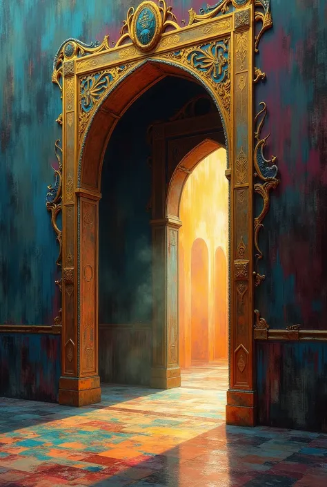 a glowing arabic portal, picasso style, soft tonesa glowing arabic portal, picasso style, soft colors, intricate ornate architectural structure, fantasy portal, mystical entryway, otherworldly archway, dramatic lighting, warm tones, impressionistic brushst...