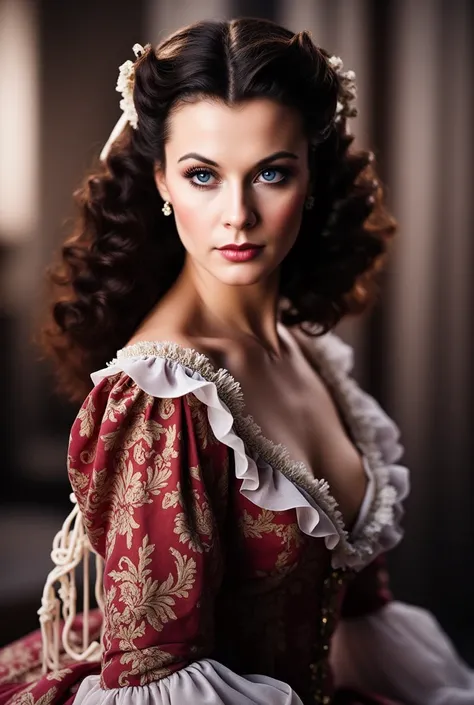 (masterpiece:1.2, Best Quality),8k, wallpaper,(Vivien Lee's Scarlett O'Hara), full body,Wearing a gorgeous dress,perfect eye,detailed face,noble expression ,