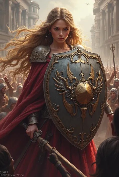 Beautiful princess with long hair defends with her shield a warrior who is attacked by a crowd 