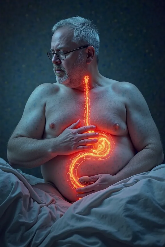 Make an image 
Obese person snoring with a pinched anatomical renal artery, a tumor in the glomerular layer of the adrenal gland , with the alibi aortic artery and an image of a capsule next to your mouth.