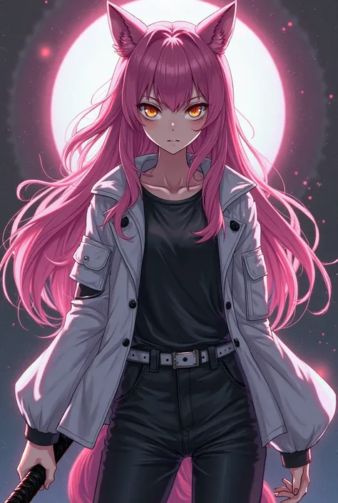 (maximum quality, best quality,  official art , full body, beautiful and aesthetic:1.2)  a werewolf girl anime, anime style, fair skin,  pink hair,  golden eyes, white jacket,  black t-shirt,  black pants, Serious and cold expression , wielding a heavy swo...