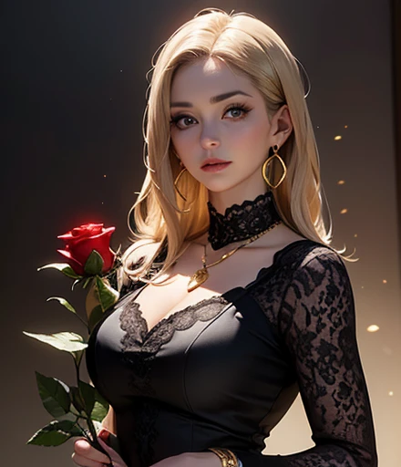 (Extremely Detailed CG Unit 8k Wallpaper, masterpiece, best quality, super detailed), (Best lighting, Best Shadow), 45 year old Spanish woman, mature, Square face,  She wears a long sleeve dress 、 I wear 1 red rose around the neck of my necklace,  wearing ...