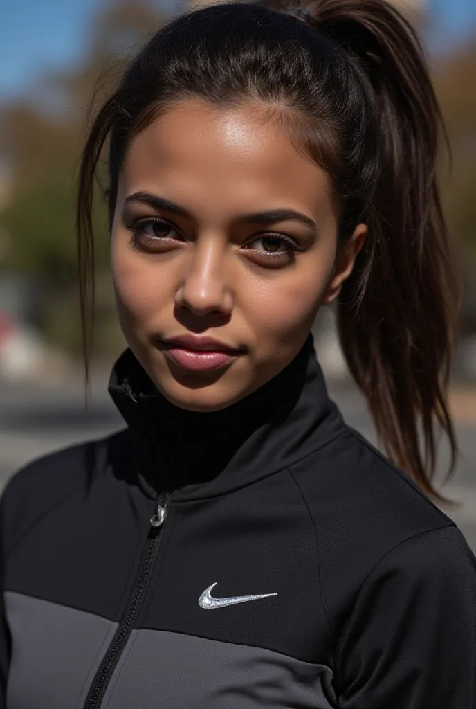 Photo of nigga Photogenic girl from a street gang in Nike tracksuit, (Characteristics: High detail skin, High detail clothes, High detail face, High detail body, High detail textures, High quality, High definition, 4k, UHD, High detail girl, High complexio...