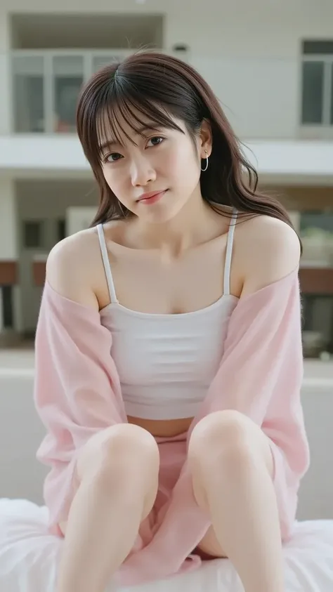 18-year-old K-pop idol woman, poses solo in a cute shiny bikini, has naturally flowing black hair, A cowboy shot capturing her realistic 8K skin texture as she smiles gently with full lips and a mole on her cheeks, lifts her legs gracefully、spread legs, em...