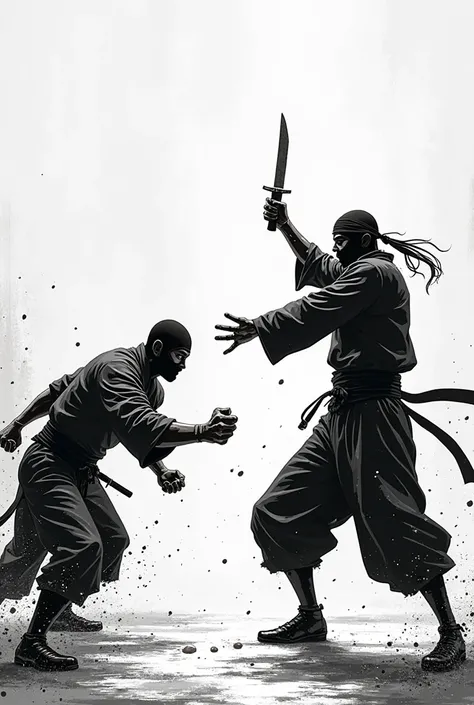 Black and white comic in the style of a pixel，A man dressed as a ninja empty-handed catches a knife slashed at him by his enemy