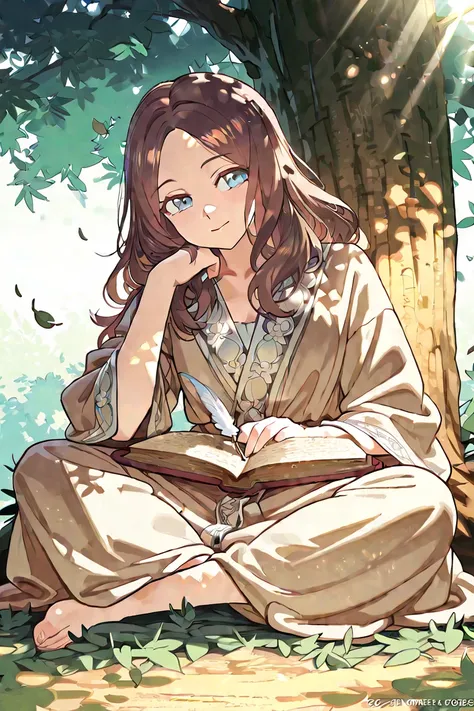 Leonardo Da Vinci in anime style, sitting under a large shady tree and seen in the distance writing in a book.