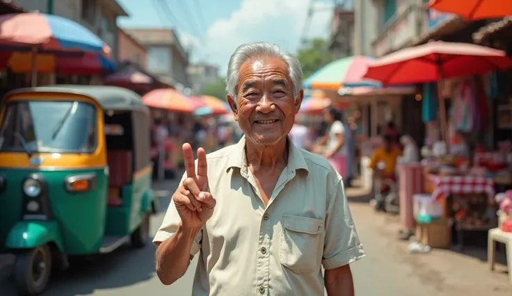 Image is a vibrant street scene photograph featuring an elderly man with short gray hair and a light skin tone, standing in the center. He is wearing a short-sleeved, light-colored shirt and is holding up three fingers. The background is a bustling market ...