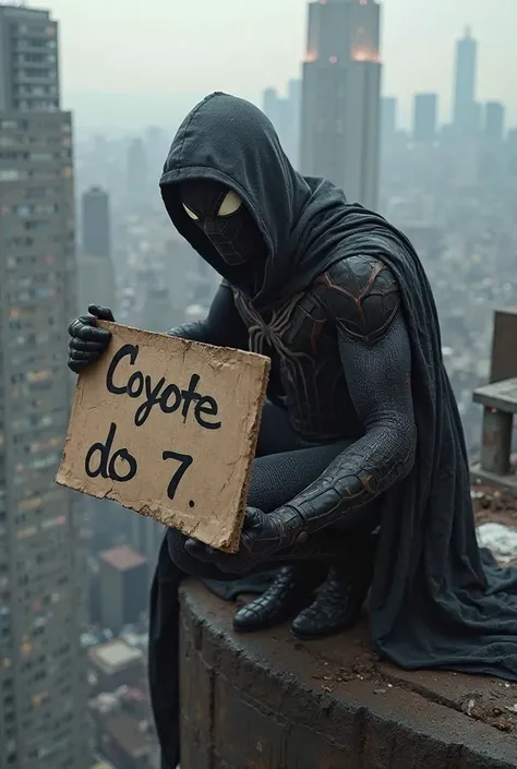 Make the image of the black Spiderman crouched on top of a building, holding a written sign "coyote do 7" with both hands 