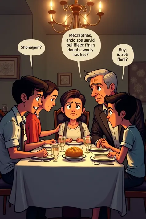  SCENE 7 : Second Family Dinner
 1.	 Composition and background :
	• Draw a family dining room similar to the one in scene 3, but with a more tense and serious environment. The lighting can be a little more dramatic (accentuated shadows).
	• Place the char...