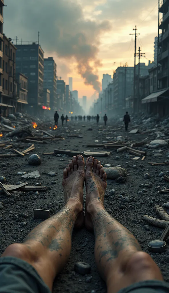 Ultra-realistic first-person image, showing a survivor sitting on the ground amidst the ruins of Hiroshima, 1945. The hands, covered in soot and dust, rest on trembling and wounded legs, while the bare feet, partially covered in ashes, lie on the scorched ...