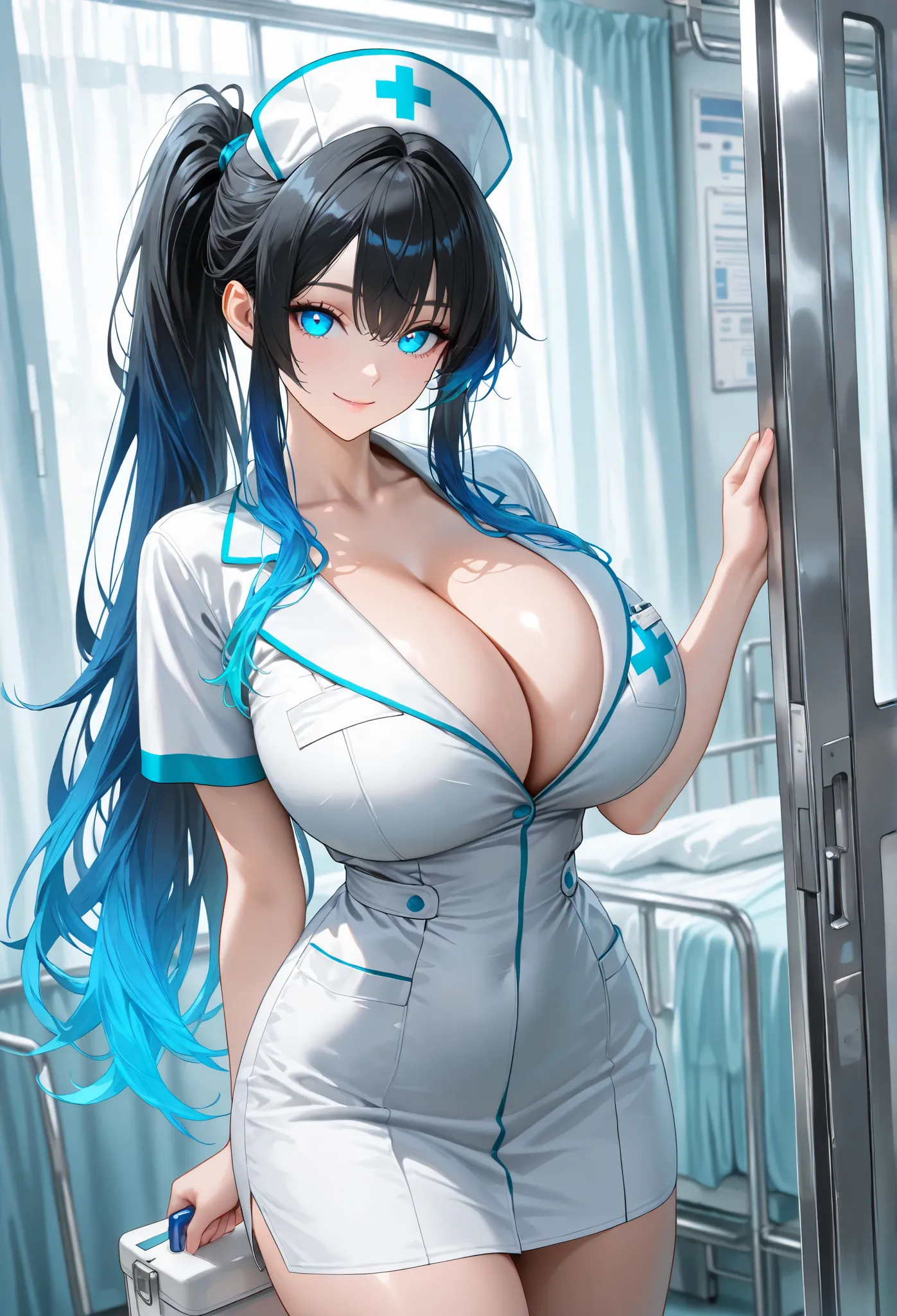 (masterpiece, best quality, higres, absurd quality, original, newest), cowboy shot, BREAK, (1girl, perfect body, perfect anatomy), (gradient hair color+black hair:1.4+blue hair:1.3, long hair, ponytail, side tail), (blue eyes, perfect eyes), huge breasts, ...