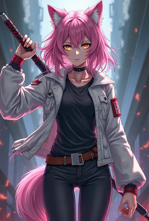 (maximum quality, best quality,  official art , full body, beautiful and aesthetic:1.2)  a werewolf girl anime, anime style, fair skin,  pink hair,  golden eyes, white jacket,  black t-shirt,  black pants, Serious and cold expression , wielding a heavy swo...