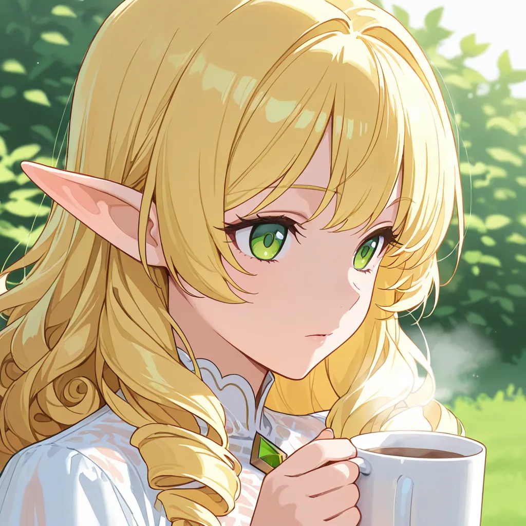 1 girl, long curly hair, Breasts, blond hair, big breasts, elf ears, green eyes, anime,  looks into the distance with his hand propped up in the garden, close-up,  portrait, in white mug clothes 