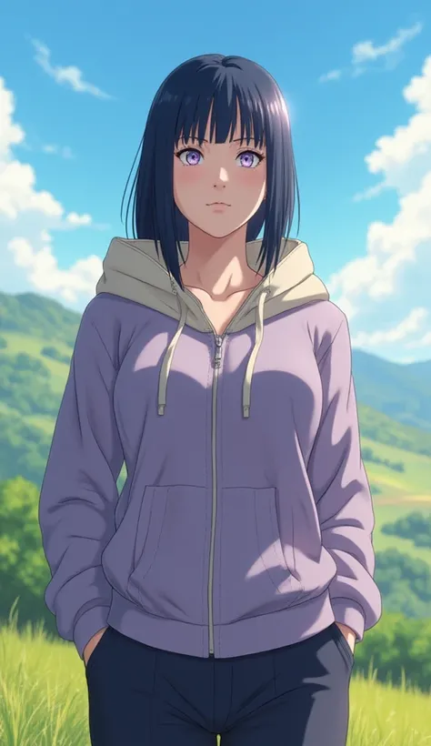 **"Hinata Hyuga from *Naruto*, portrayed in stunning ultra-realism, stands gracefully against a serene, vibrant daytime landscape. Her pale lavender eyes, characteristic of the Byakugan, glow faintly with a soft, mystical aura, their intricate veins subtly...