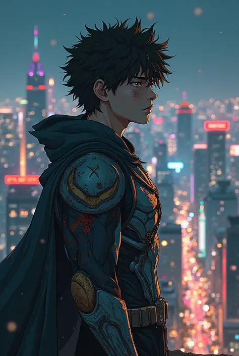 Izuku Midoriya Adult with his destroyed hero costume while watching the city at night on top of an anime-style building