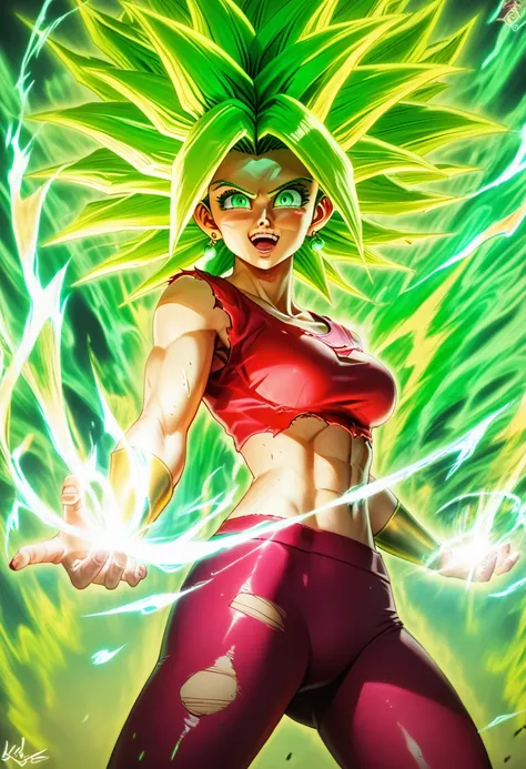 (masterpiece, best quality, ultra- detailed,  highres, best illustration), 1 ,Beautiful Xyzkefla Super Saiyan cowboy photo, green hair, green eyes, spiked hair,  energy, (torn clothes:1.2), jewelry, aura, leggings, red clothes,  detailed, sharp focus, dram...