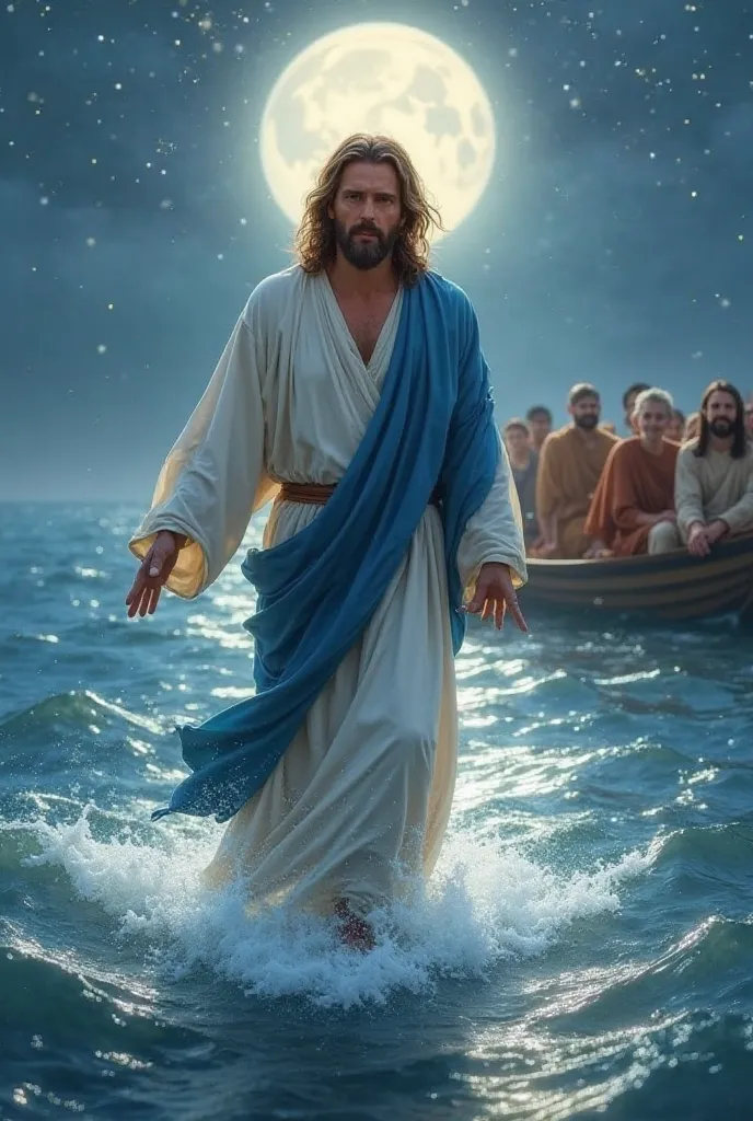 Jesus Christ is walking on water,  dressed in a white robe and a blue robe. His expression is serene and full of compassion. The sea around him is slightly rough, reflecting the soft light of the moon and the stars. In the background, a boat with disciples...