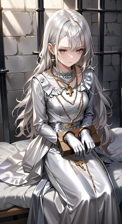 portrait、god々Shining light、( masterpiece, top quality, Ultra High Resolution ),Extremely detailed CG, Japanese woman with pale silver hair,(( beautiful face)),(( long sleeve long dress made of pale silver satin))、((The dress has a simple design without e...