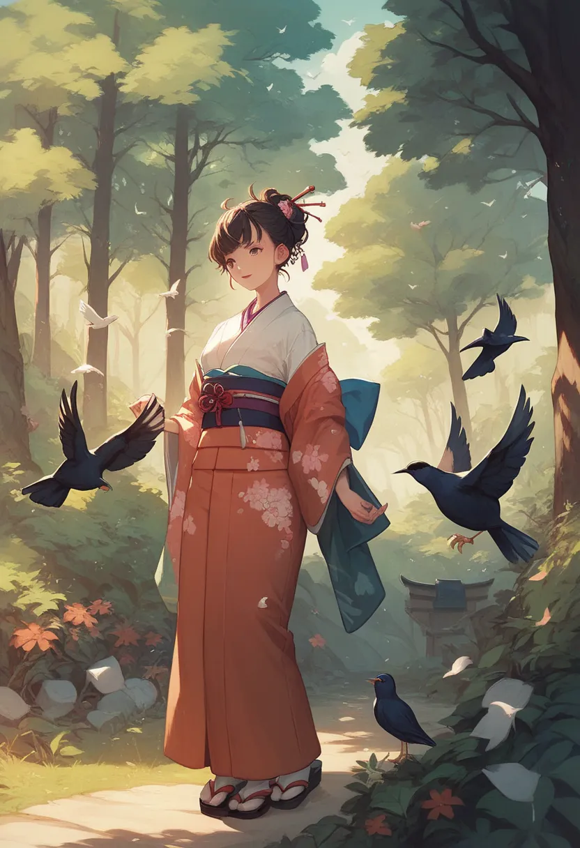 Wearing a Japanese kimono, Surrounded by birds and woods, anime style, 