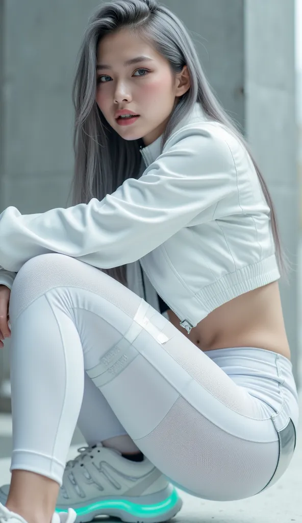 An edgy mix of futurism and monochrome minimalism featuring a 20-year-old cute Japanese model with an hourglass figure, a very slender waist, and a tiny head with long gray hair and large blue eyes. She wears a white cropped bomber jacket with a high colla...