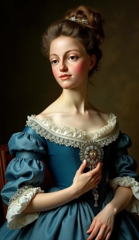 A classic portrait of a young noblewoman from the 18th century, with a richly decorated blue dress, delicate lace and a large brooch on her chest. Her hair is combed in a pompous hairstyle, typical of the time, and her face has a subtle and enigmatic expre...