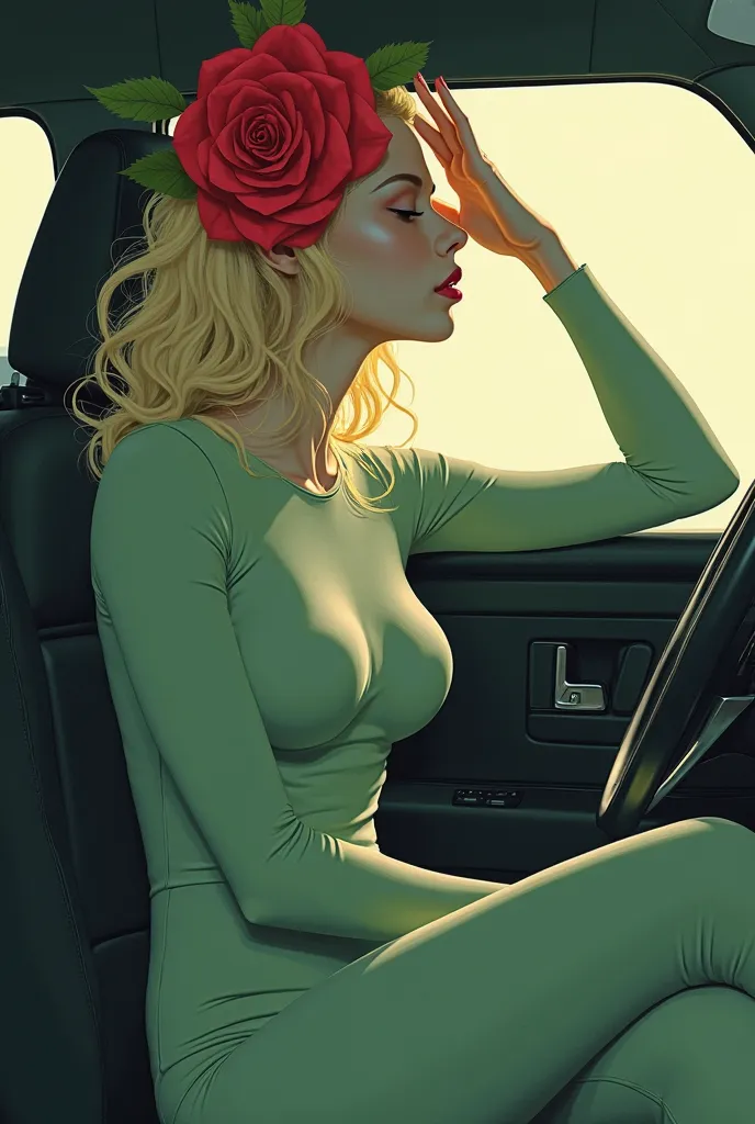 Illustrate The silhouette of a blond white-skinned woman sitting in the driver's seat of a car, with a soft green Lycra-style fitted suit. Let it rest on your head A rose with deep red petals that the rose is large that I managed to slightly cover your fac...