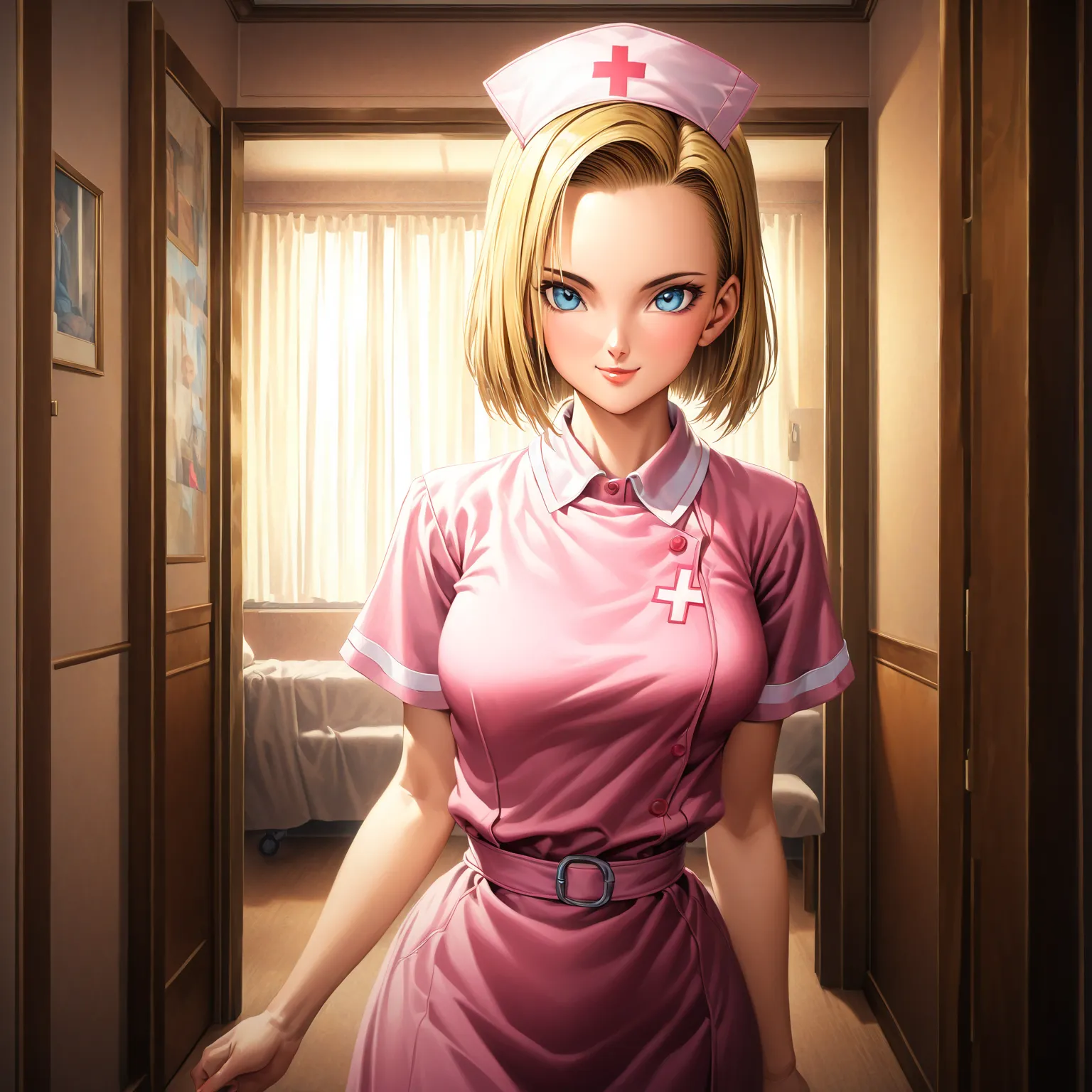 sysdeep_android18, 1girl, solo, breasts, looking_at_viewer, smile, short_hair, blue_eyes, blonde_hair, nurse_outfit, indoor, 