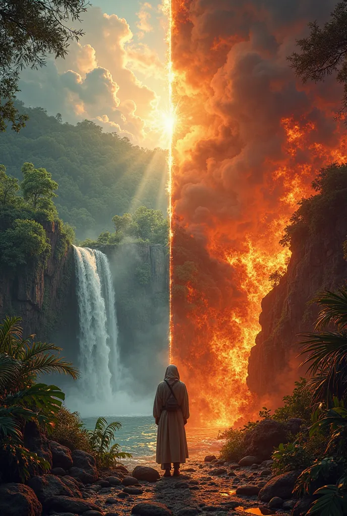 Contrast Between Heaven & Hellfire

A split-image showing two contrasting scenes: on one side, a fasting believer in a beautiful, lush paradise with waterfalls and gardens; on the other side, a dark fiery abyss representing Hellfire, separated by a vast se...