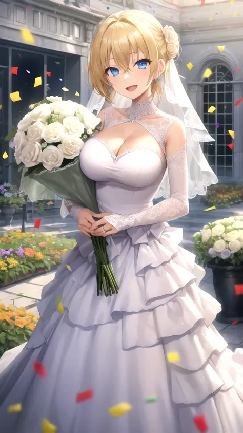 masterpiece, best quality, high quality, girl, solo, looking at viewer, yuuto_kiba, blonde hair, blue eyes, hair between eyes, large breasts, wedding Dress, standing, garden, confetti, holding bouquet, smile, open mouth