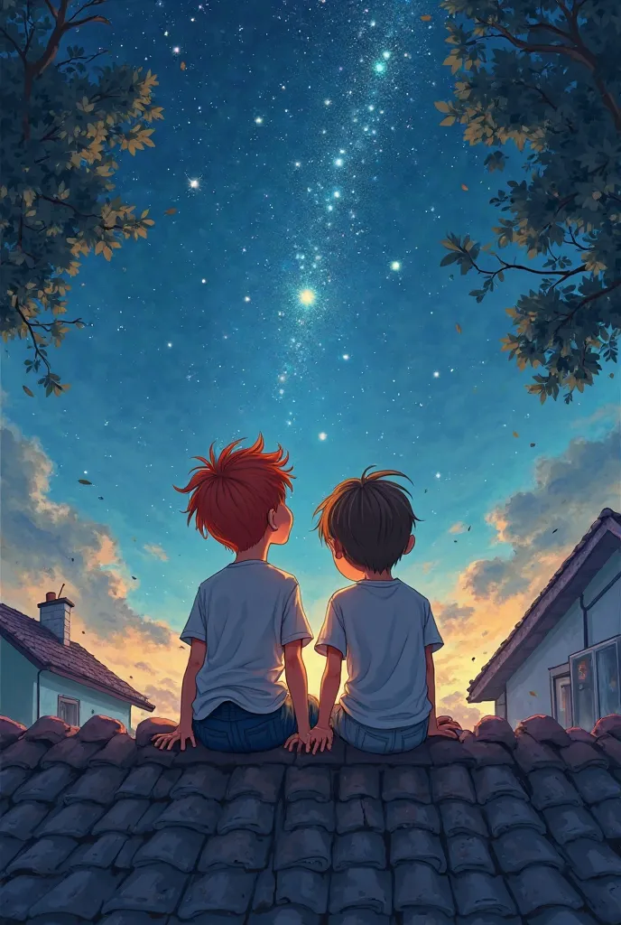 Create a book cover with two boys - one boy being red-haired and the other being brown - sitting on the roof looking up at the starry sky.