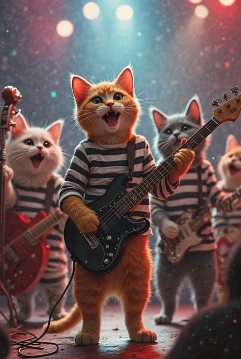 "Five realistic cats,  each in a different color  (for example: therefore,  White , orange, gray and burst), dressed in striped convict clothes like those worn by Mamonas Assassinas. A cat is playing a double bass, Another one is playing drums, a third is ...