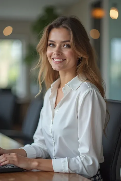  A beautiful sexy girl ,  pencil , cA beautiful sexy girl, pencil skirt, white shirt, in the office, she was looking at the computer screen, with soft look, Smiling white shirt,  in the office ,  she was looking at the computer screen