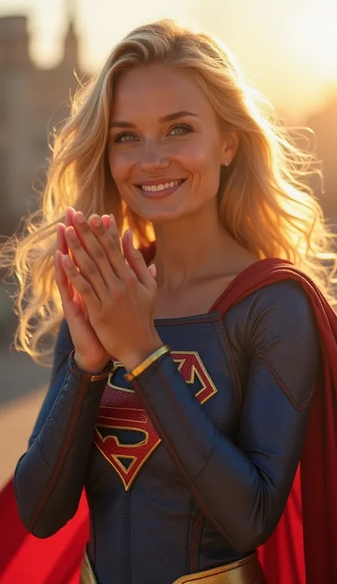 A stunning, blonde-haired woman with bright blue eyes, wearing a detailed and realistic Supergirl suit, stands in a warm, golden sunlight. She has a radiant smile and claps her hands together joyfully. Her hair flows naturally, slightly tousled by a gentle...